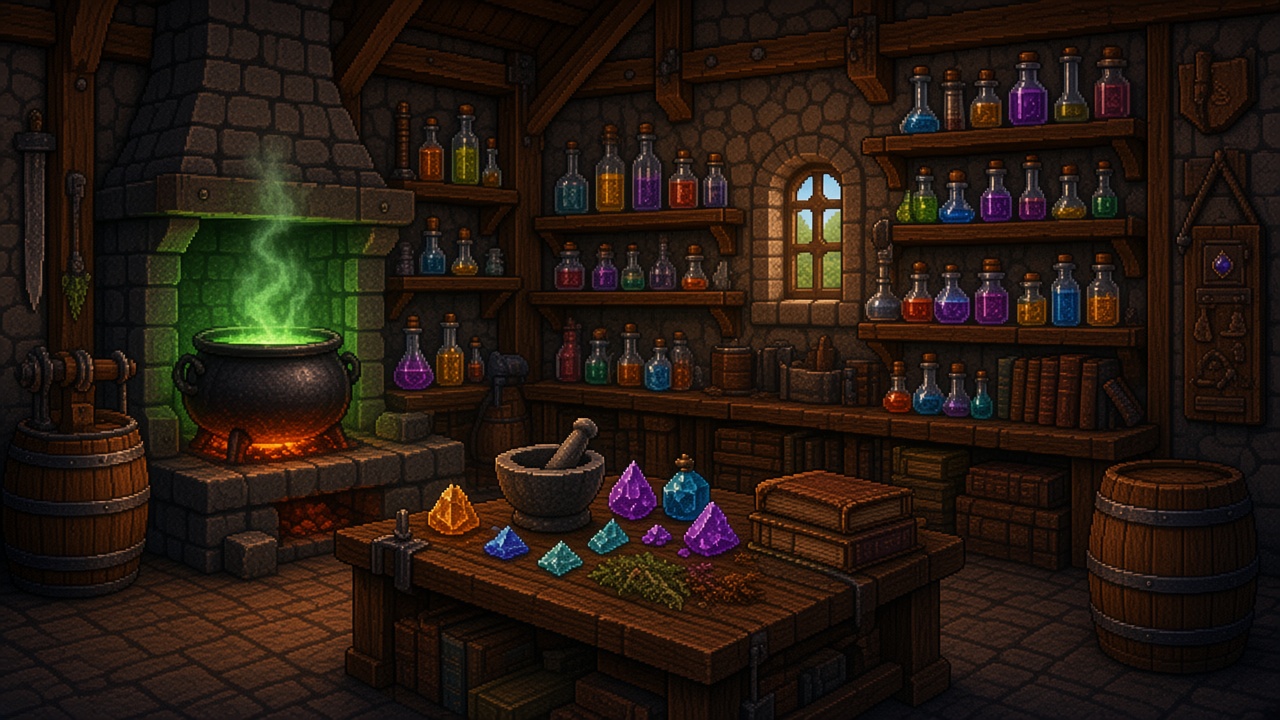Alchemy lab with a green cauldron and potion shelves