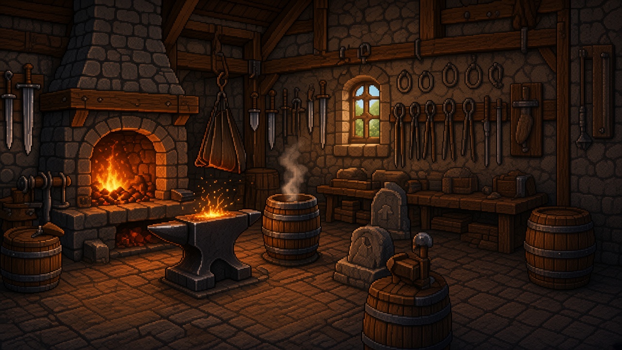 Forge with a lit hearth, anvil, and hanging swords