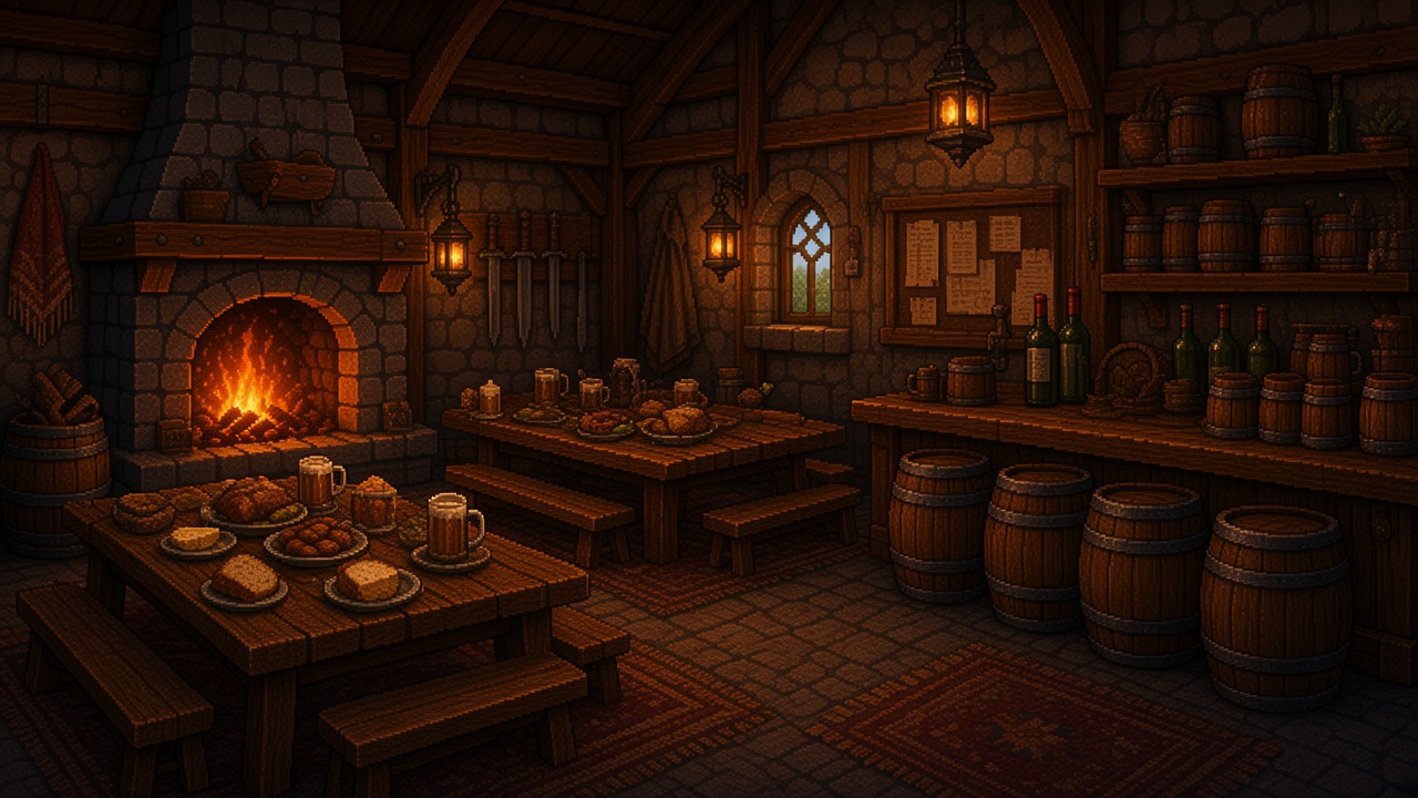 Warm inn with a fire, long tables, and barrels