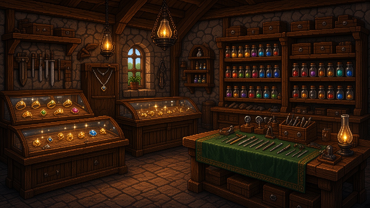 Jeweler shop with rings under glass and gem jars