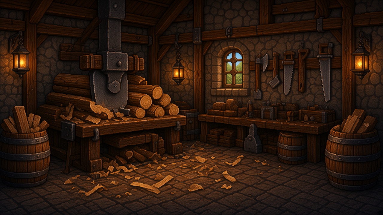 Lumber mill with a water wheel and stacked timber