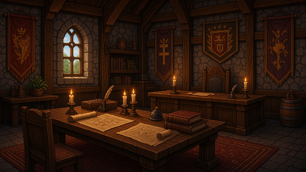 Town Hall study with maps, candles, and banners