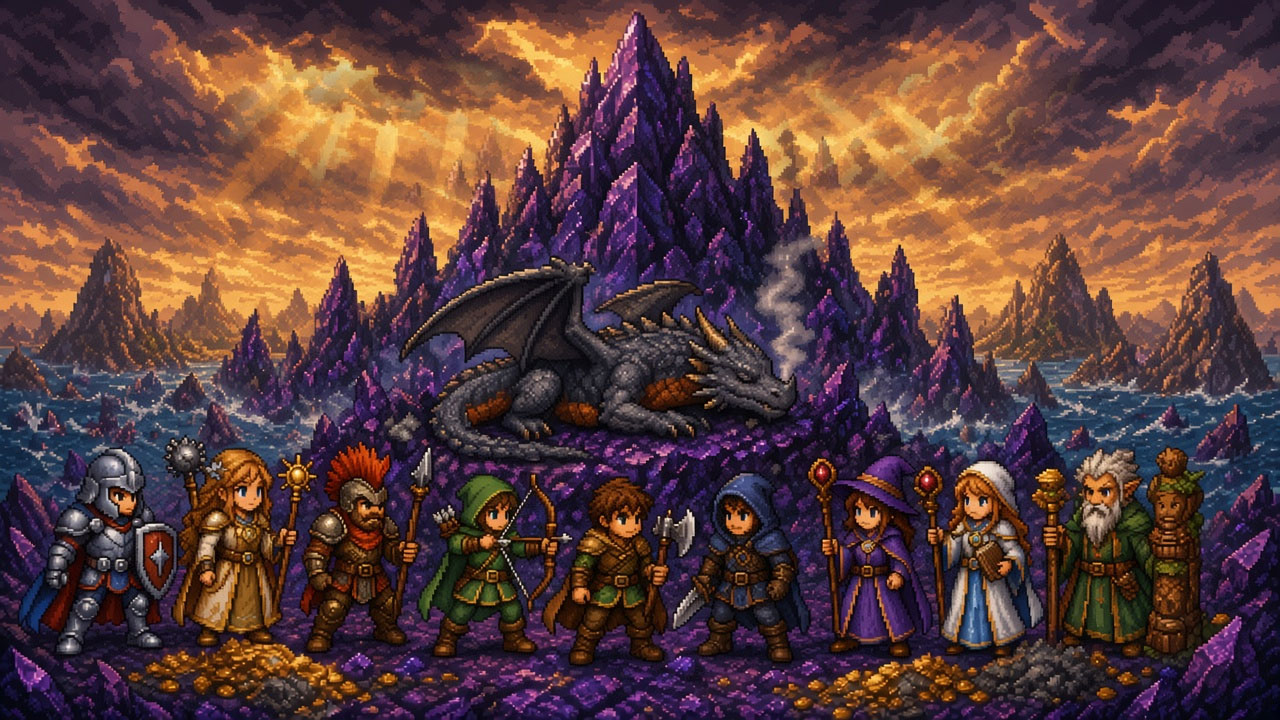 The Ashen Dragon lies still on the peak. Nine heroes stand below in the dawn.