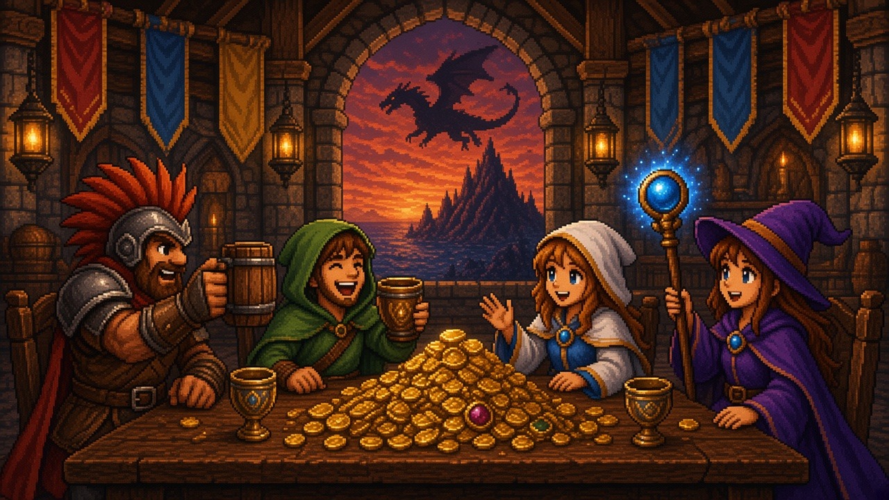 Heroes share a toast in the hall as a dragon flies toward a distant peak