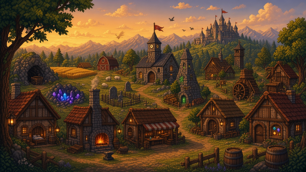Hearthvale at golden hour: shops, mill, mine, castle on the hill