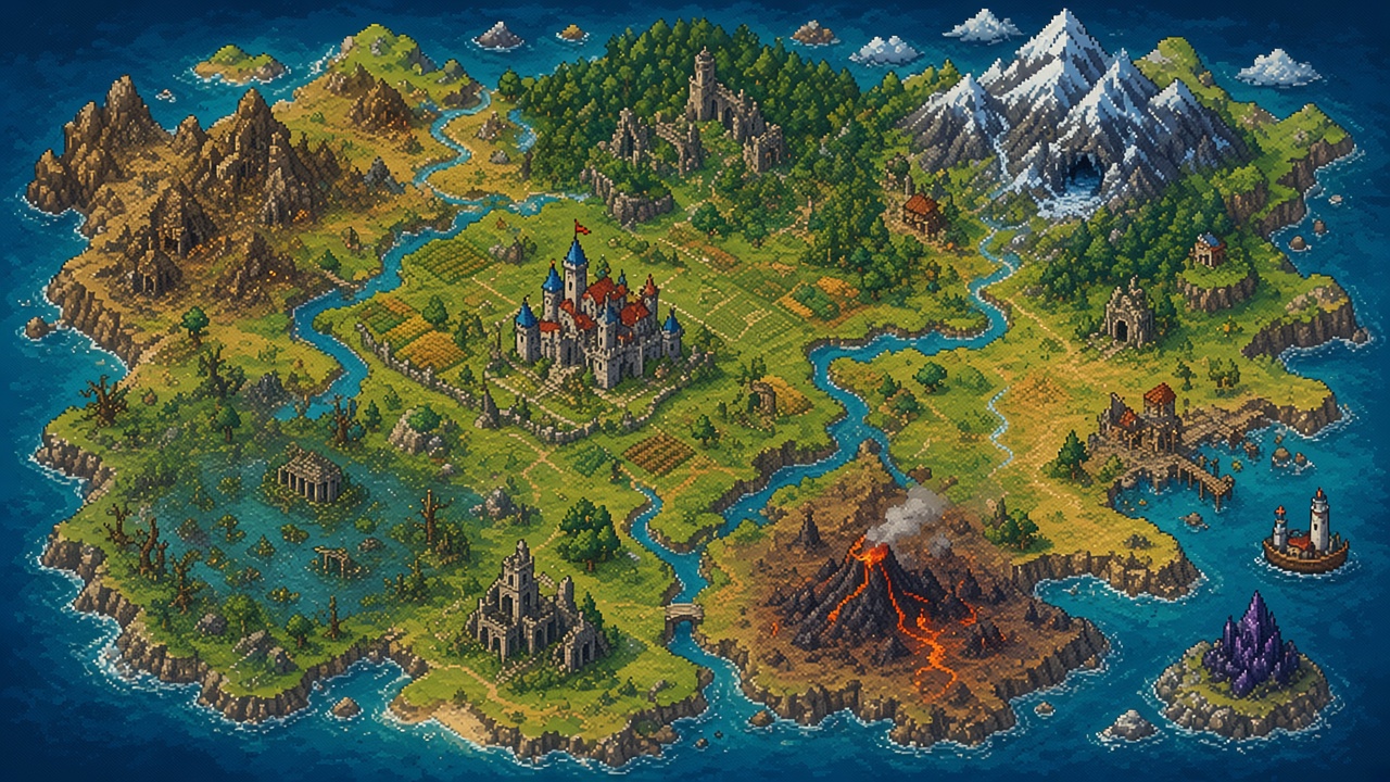 Painted island map with Hearthvale at the center, a volcano, snow peaks, and a purple sea isle